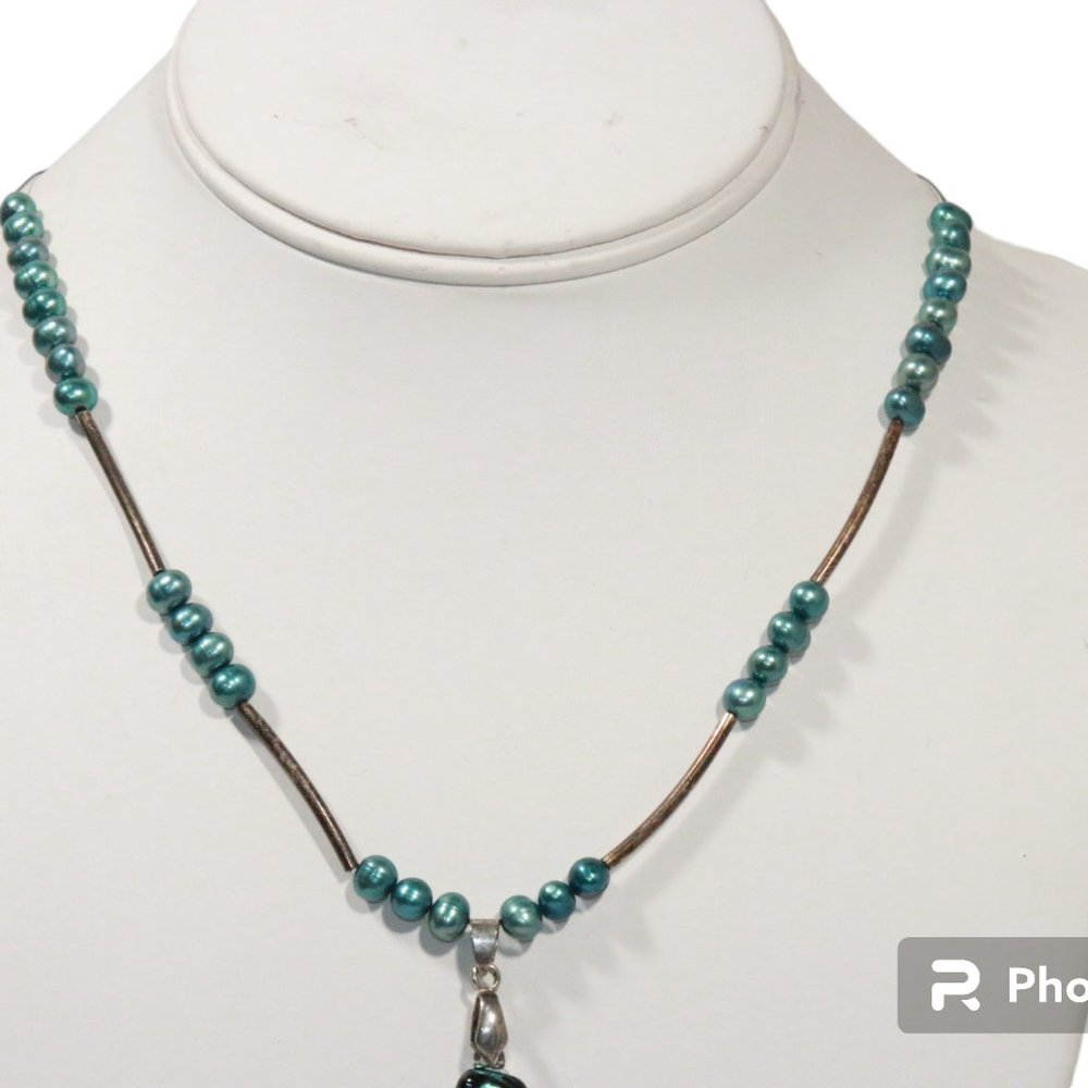Blue Pearl Handblown Glass Pendant Handmade Necklace - Picture 4 of 7